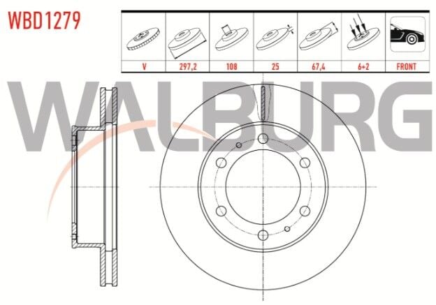 Toyota Hilux Pick Up 2.5 D-4D 2005-2011/Hilux Pick Up 2.5 D 2005-2011/Hilux Pick Up 3.0 D-4D 2005-2011/Hilux Vigo 2.5 D-4D 4X4 2005-2011 Fren Diski Ön Havalı 6 Bjn 297,2X25X108X67,4