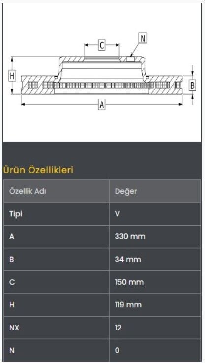 Isuzu NPR75 Euro4 08-/Otokar Sultan/Isuzu Novo Lüx/Turkuaz Euro4 10- Fren Diski Arka (330-12) Frendi