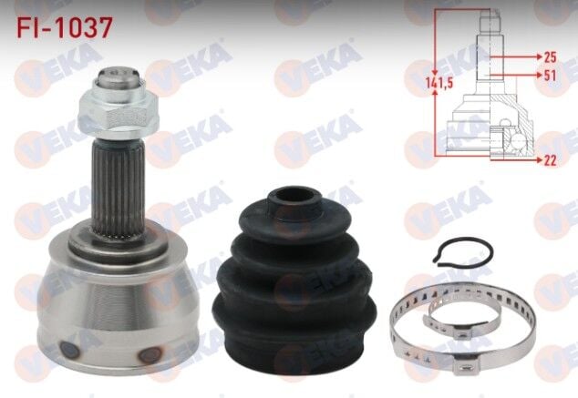 Fiat Brava (182) 1.6 16v 25X22X51 Uzunluk 141,5 mm 1995-2002 Aks Kafası Sol-Sağ Ön Dış