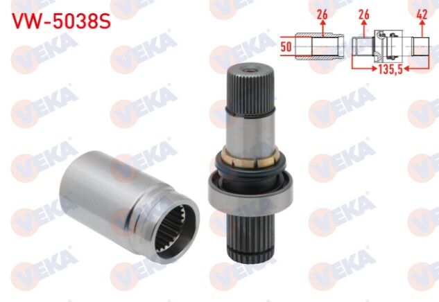 VW Transporter V 2.5 TDI M-T 2003-2011 / Transporter VI 2.0 TDI - 2.0 BITDI 2011- Aks Kafası Sağ ÖN İç Freze Ek Mili Kit 26X42X50 Uzunluk 135,5mm