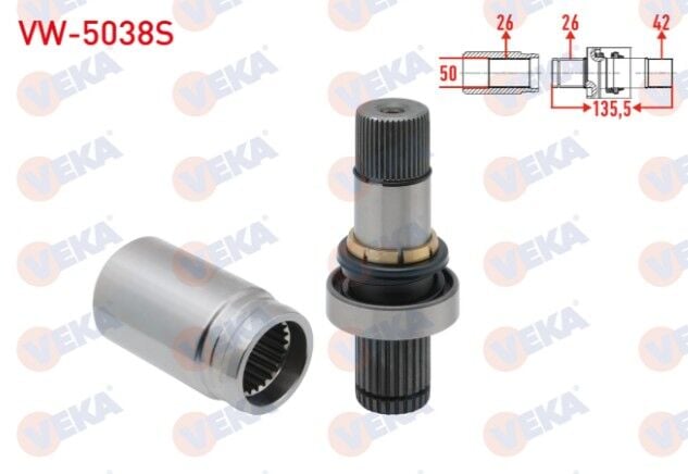 VW Transporter V 2.5 TDI M-T 2003-2011 / Transporter VI 2.0 TDI - 2.0 BITDI 2011- Aks Kafası Sağ ÖN İç Freze Ek Mili Kit 26X42X50 Uzunluk 135,5mm