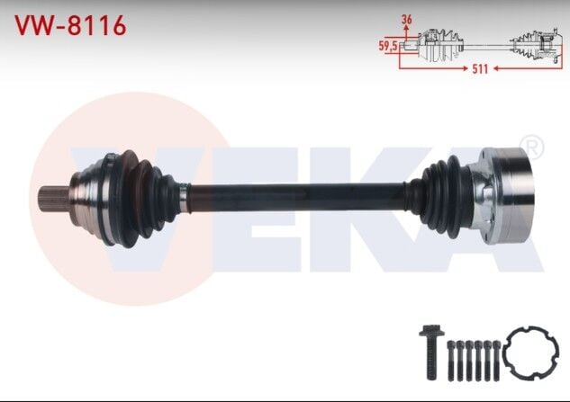 VW Golf VII (5G1) 1.2 TSI M-T 2012-/ Passat (3C2) 1.6 2005-2008/ Audi A3 (8V1) 1.2 TFSI M-T 2012-/ Seat Leon 1.2 TSI M-T 2012-/ Skoda Oktavia (5E3) 1.2 TSI M-T 2012- Komple Aks Sol Ön Uzunluk 511mm