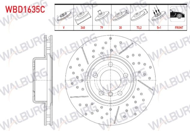 BMW 1 SERISI (F20) 11-19/ 2 SERISI (F23) 14-/ 2 SERISI (F22) 13-/ 3 SERISI (F30) 11-18/ 4 SERISI(F33)(F32)(F36) 13- FREN DISKI ON HAVALI KAPLAMALI PERFOMANS DELIKLI 5 BJN 340X30X79X73,2